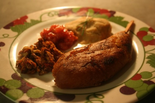 Franksgiving Dinner (Fancy Nathan’s, Take Two) by Erik of Fancy Fast Food (using some of his techniques as featured in the November 2009 Wired article by Erica Westly)
Ingredients:
• 1 Nathan’s Famous Hot Dog (with chili)
• 1 Corn Dog on a Stick
• 1...